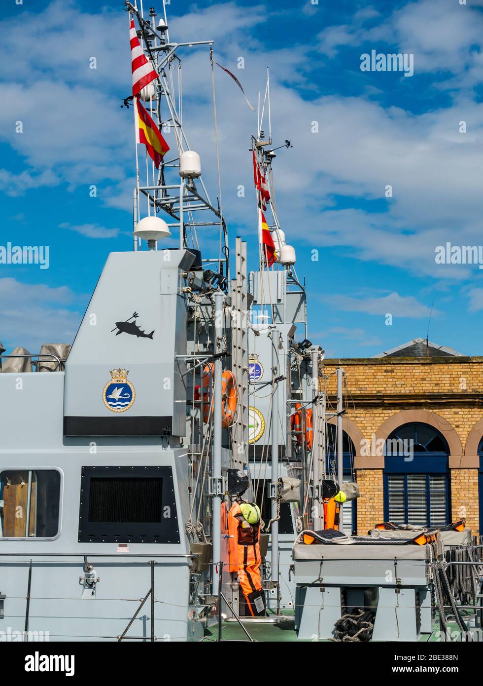 HMS Biter & HMS Archer P2000-type British Royal Navy patrol and training vessels moored in Leith Harbour, Edinburgh, Scotland, UK Stock Photo