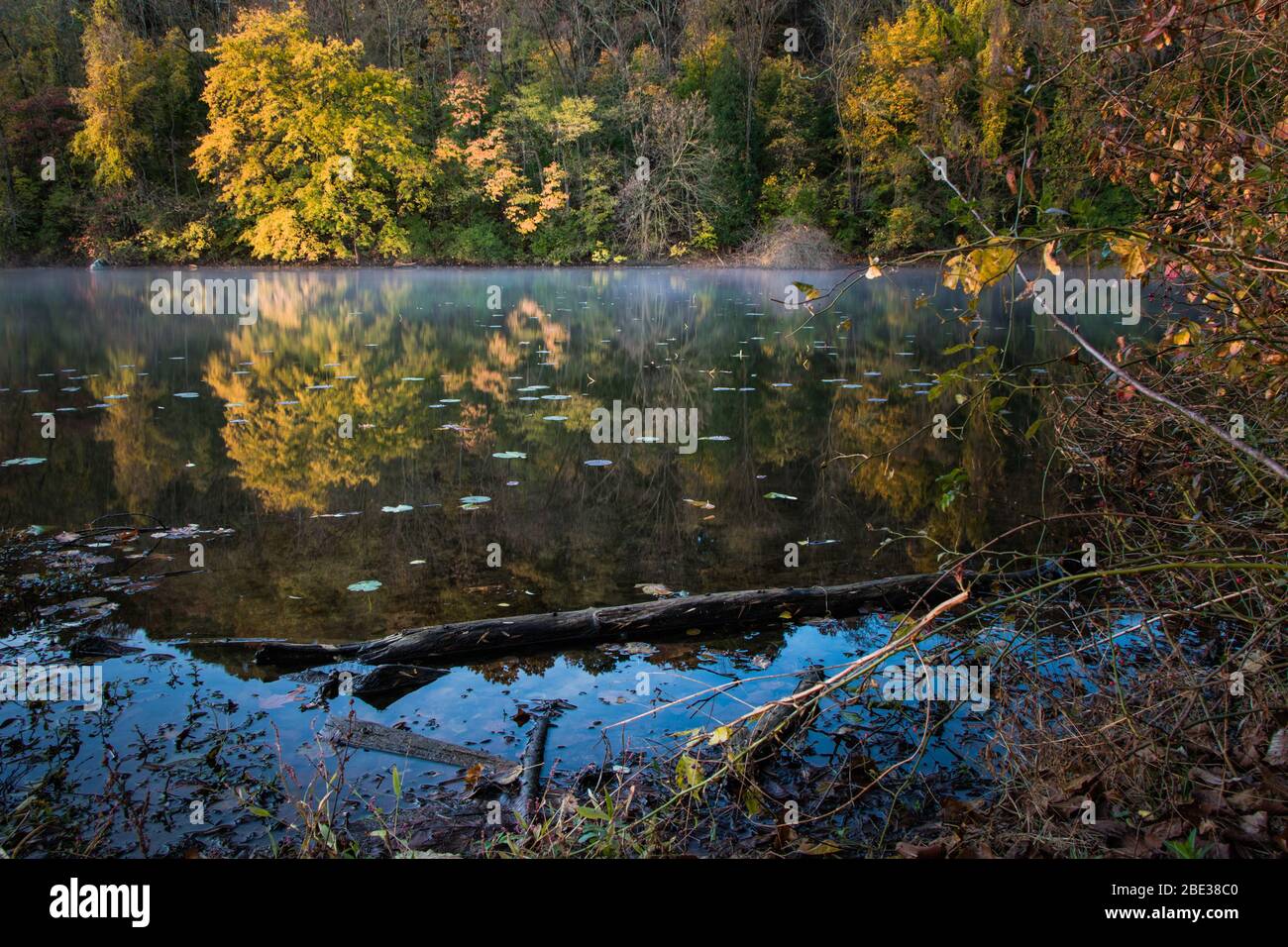 Mist clings to the surface of Lake Ontelaunee reflecting the btight foliage  of autumn Stock Photo - Alamy