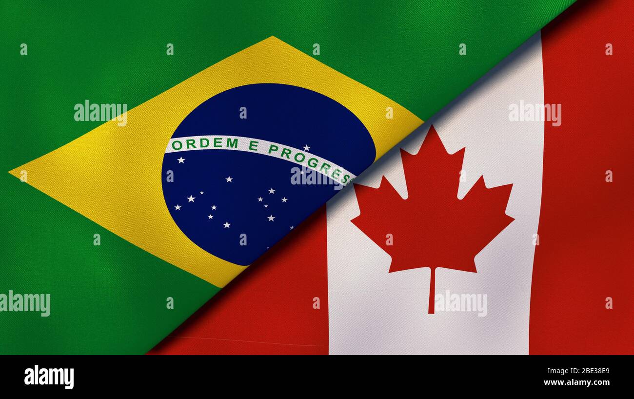Two states flags of Brazil and Canada. High quality business background. 3d illustration Stock Photo