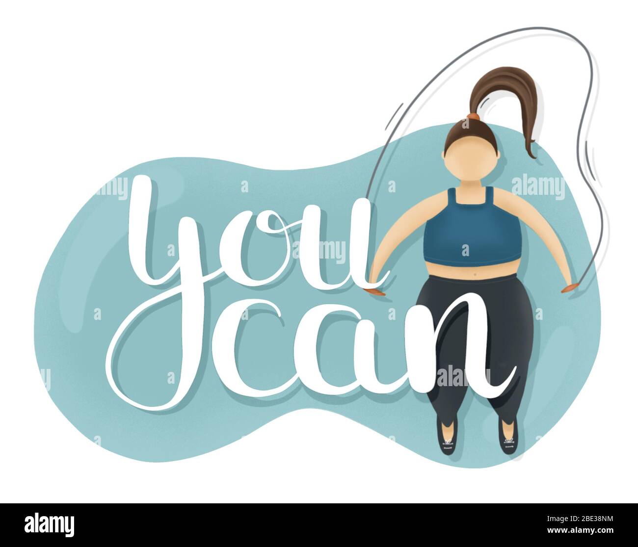 You can motivation blue illustration.  Fatty woman with jump rope. Overweight sport. Stock Photo