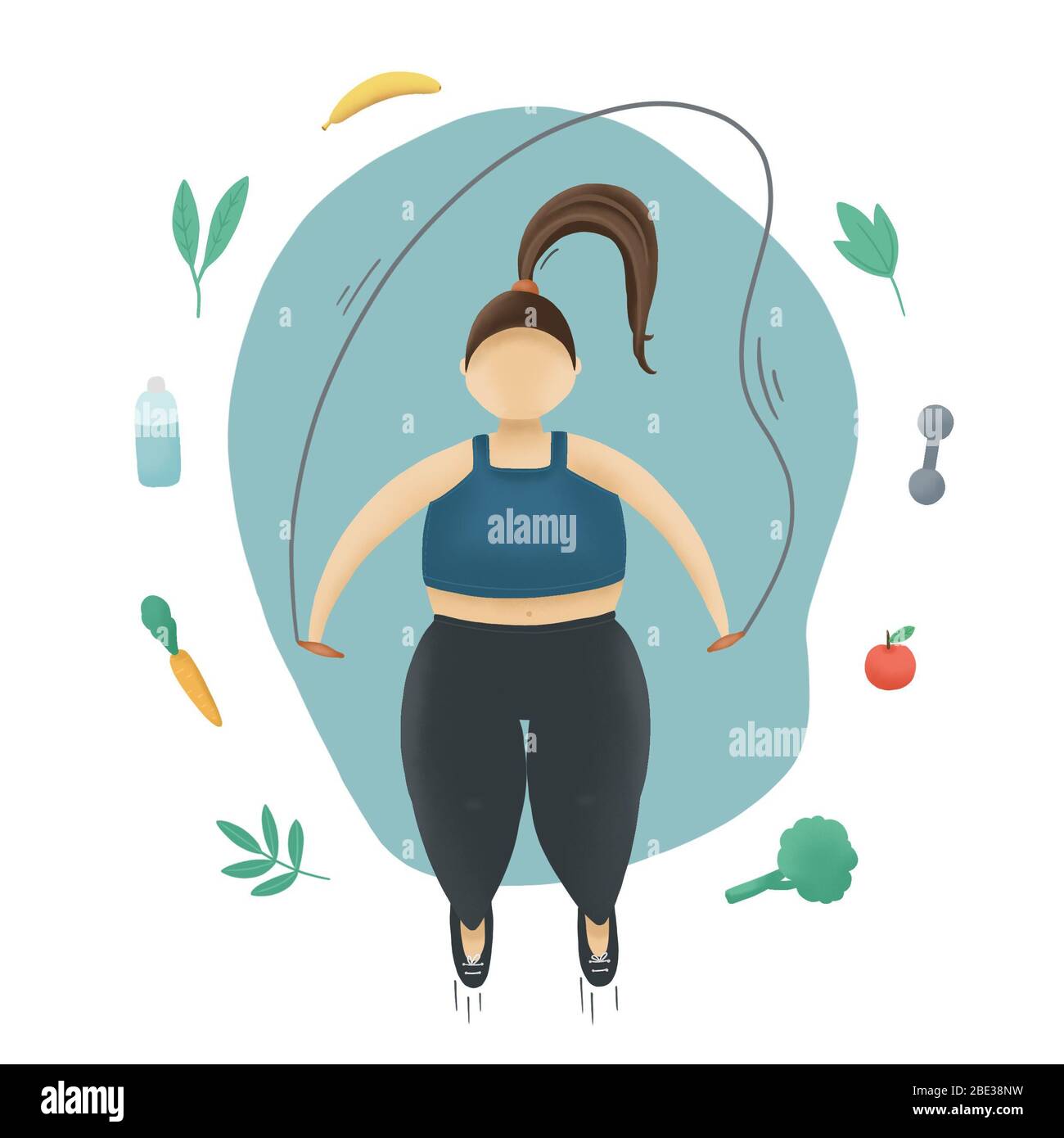 Motivation blue illustration.  Fatty woman with jump rope and vegetables. Overweight sport. Stock Photo