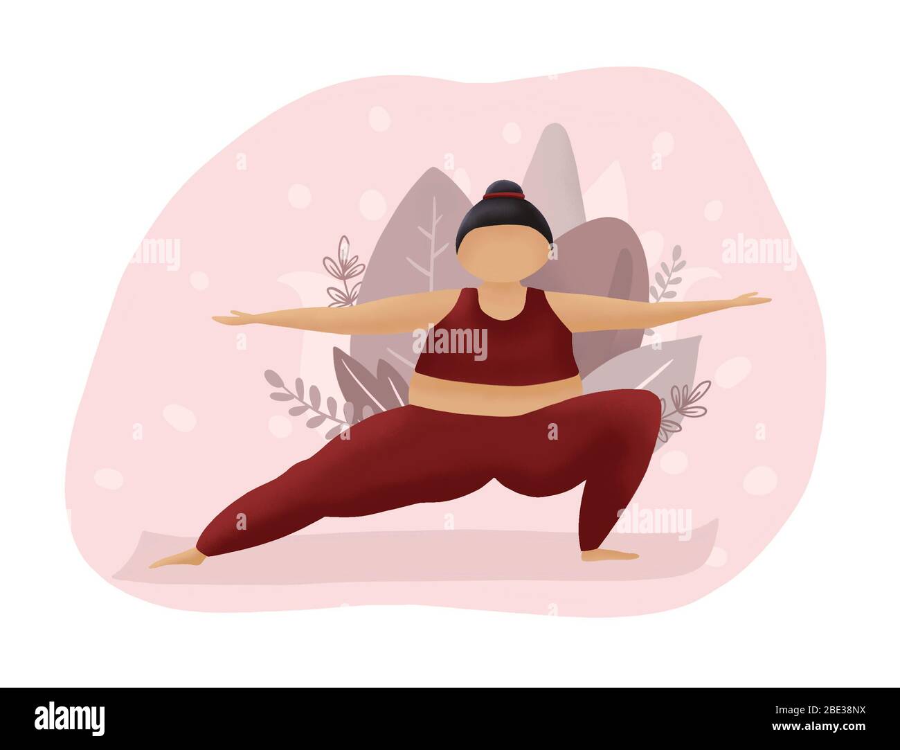 Motivation red and pink illustration.  Fatty woman make yoga. Overweight sport. Stock Photo