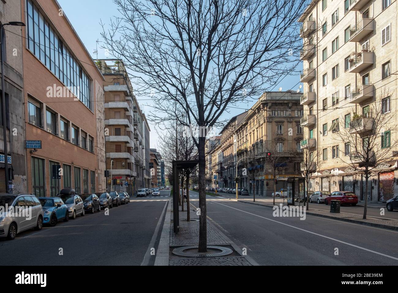 Milano at the time of coronavirus lockdown. Via Tonale near the Milano main Railroad Station, is usually full of traffic on working days. 16MAR2020 Stock Photo