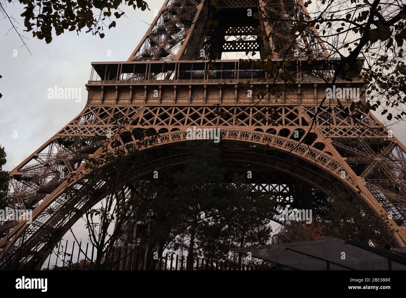 Eiffel Tower Names under Viewing Platform Stock Photo