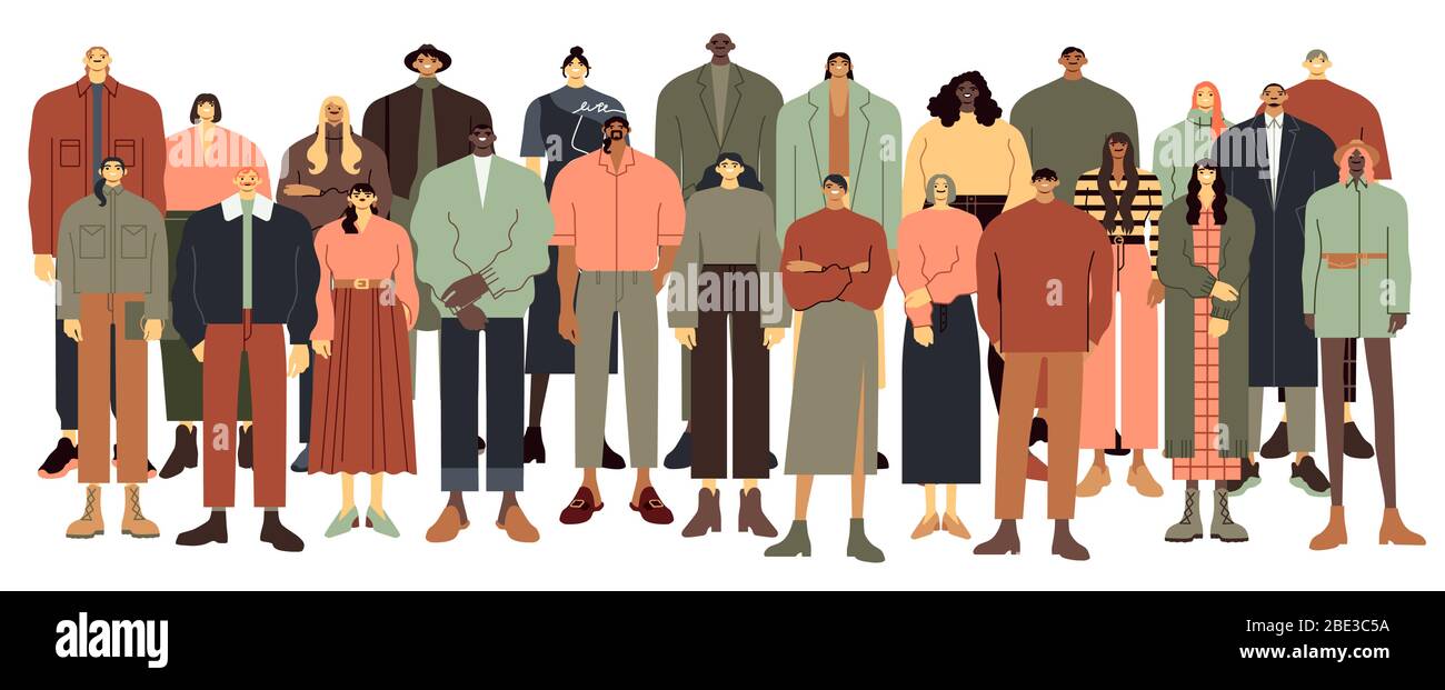 Multi ethnic people group. Multiracial student crowd, multinational young people standing together vector illustration. Youth cartoon characters Stock Vector