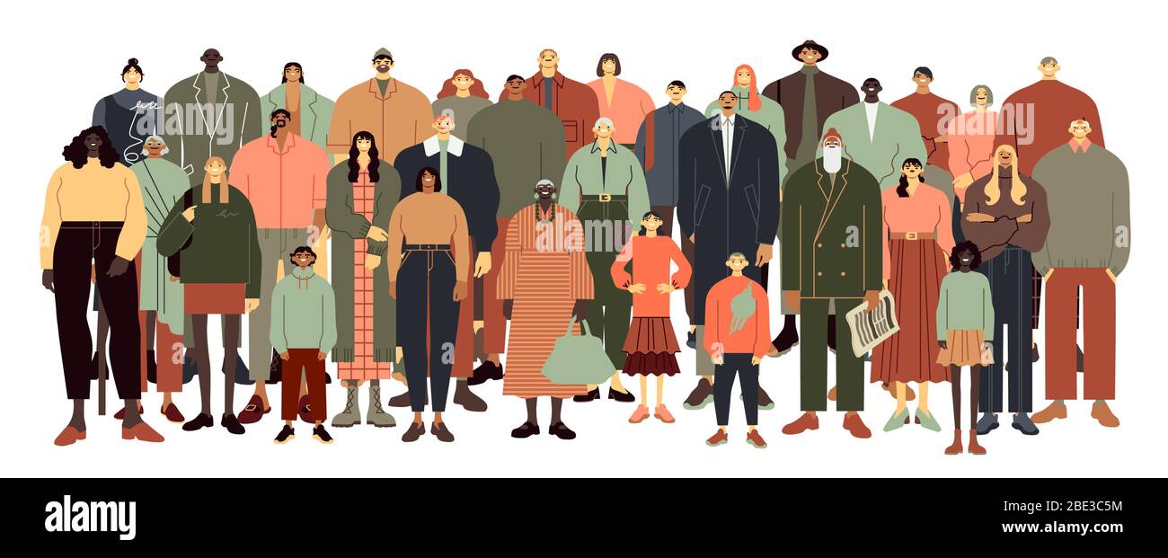 Multinational people stand together. Teenagers, elderly, young and adult men and women group vector illustration. International society, different age Stock Vector