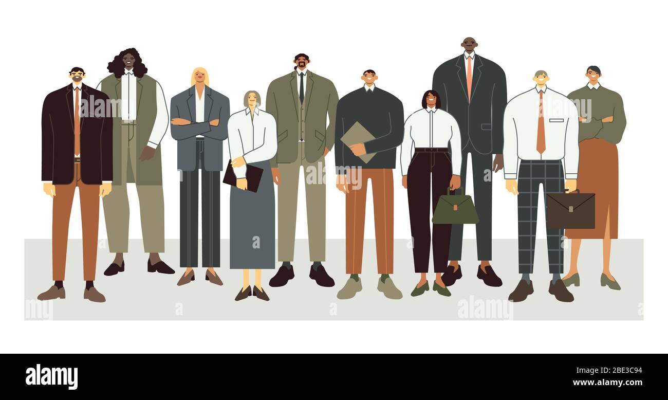 International business team. Business office workers stand together, professional employees crowd and corporate people vector illustration. Clerk Stock Vector