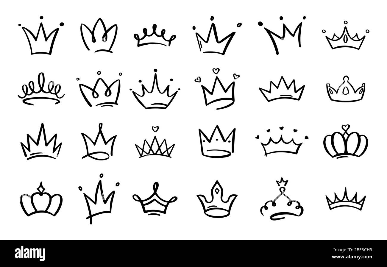 Doodle crowns. Line art king or queen crown sketch, fellow crowned heads tiara, beautiful diadem and luxurious decals vector illustration set. Hand Stock Vector