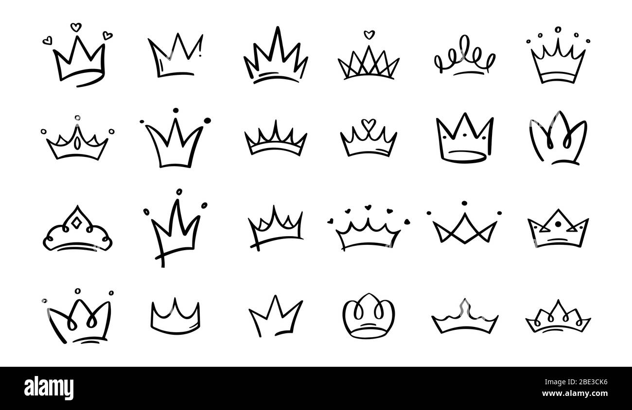 Hand drawn doodle crowns. King crown sketches, majestic tiara, king and queen royal diadems vector. Line art prince and princess luxurious head Stock Vector