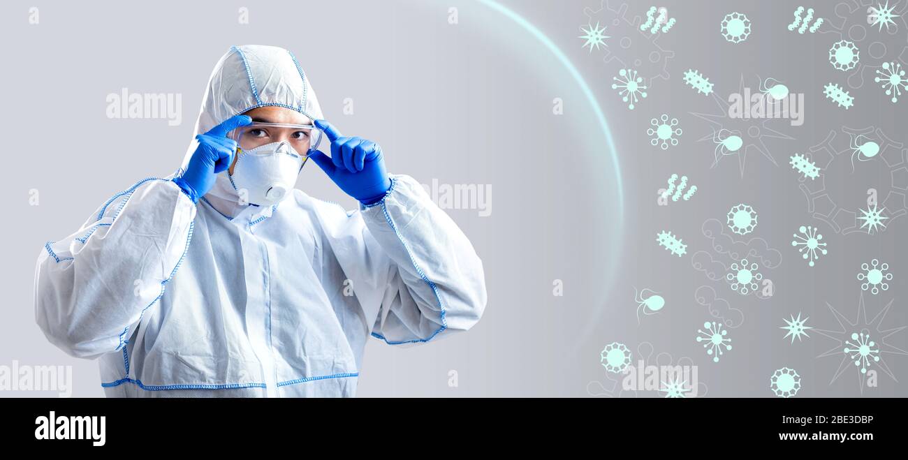 COVID-19 pandemic. Virologist in mask and protective suit shielded from virus attack, collage. Panorama Stock Photo
