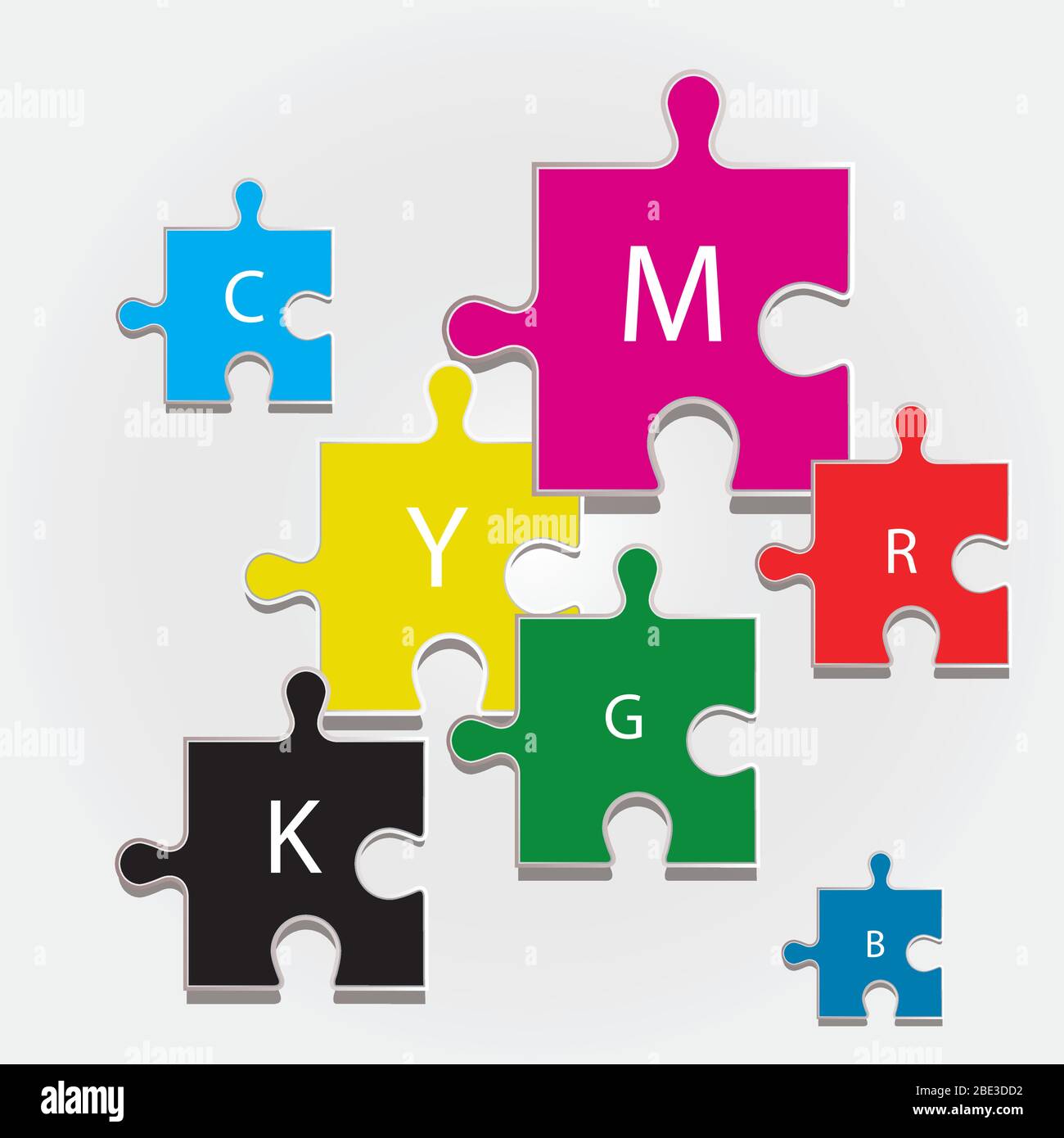 The color scheme CMYK and rgb depicted in four puzzles. Quality vector. Stock Vector