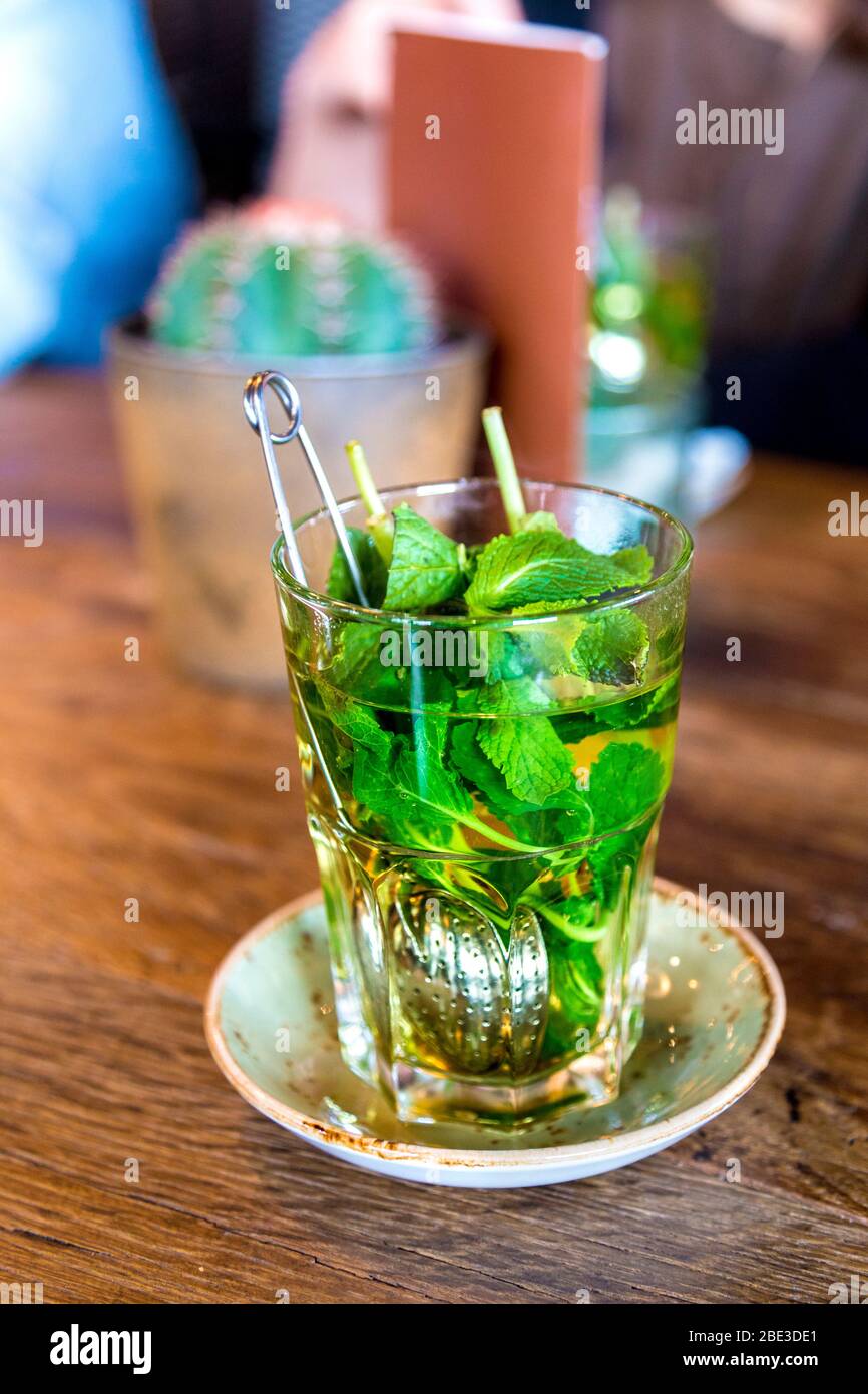 Fresh mint tea at Roest Cafe, Antwerp, Belgium Stock Photo