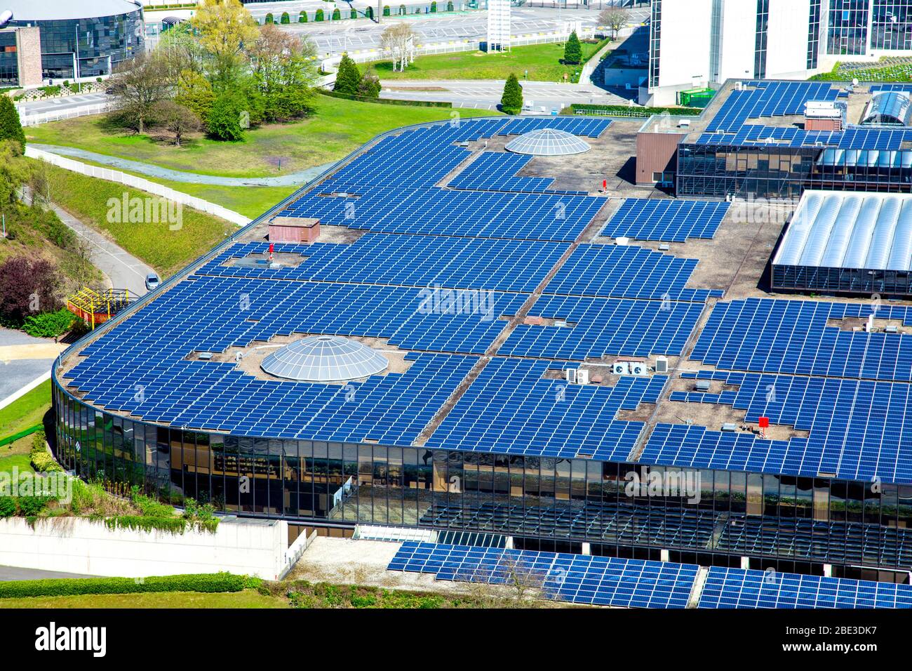 Roof of the Trade Mart Brussels building covered with solar panels, Brussels, Belgium Stock Photo