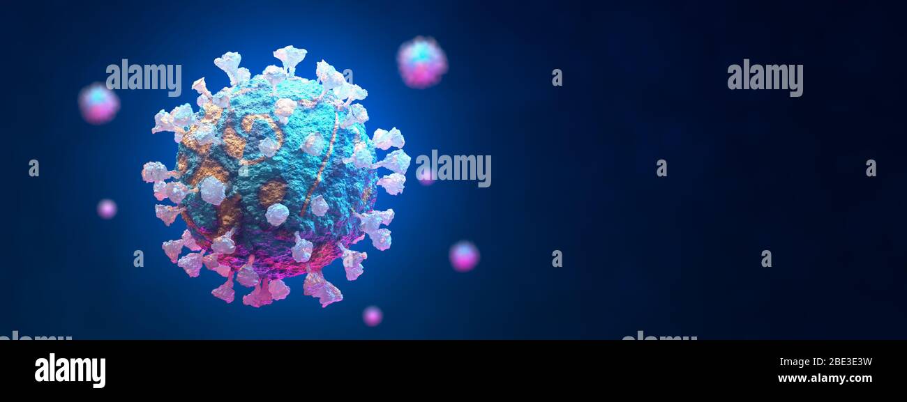 Coronavirus 2019-nCov novel coronavirus outbreak concept background. Microscopic view of floating influenza virus cells. 3D illustration. Stock Photo