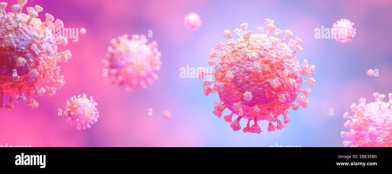 Coronavirus 2019-nCov novel coronavirus outbreak concept background. Microscopic view of floating influenza virus cells. 3D illustration. Stock Photo