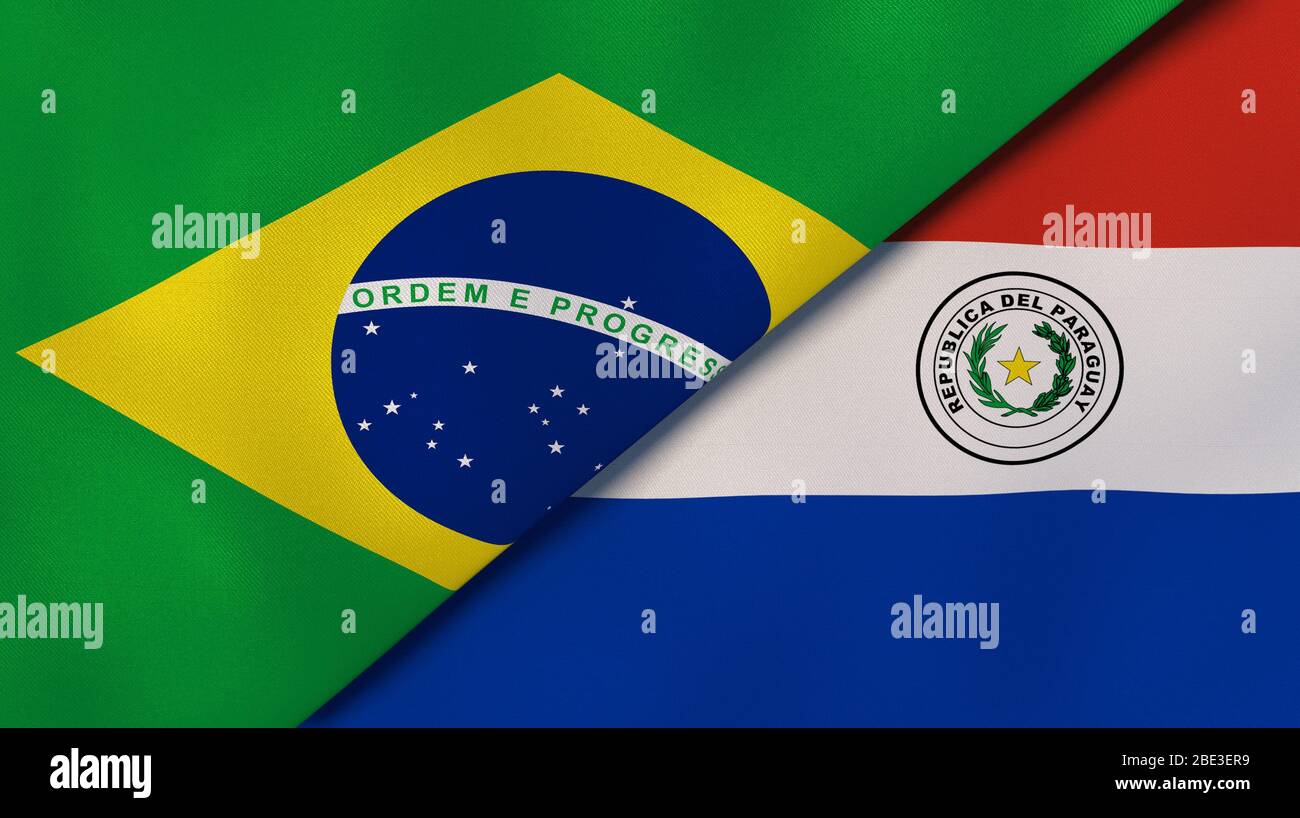 Two states flags of Brazil and Paraguay. High quality business background. 3d illustration Stock Photo