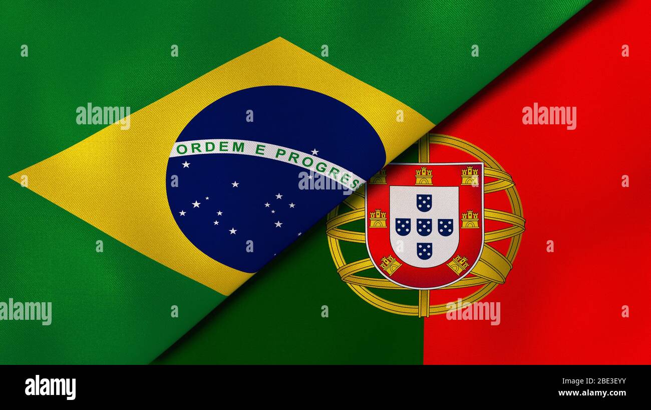 Two states flags of Brazil and Portugal. High quality business background. 3d illustration Stock Photo
