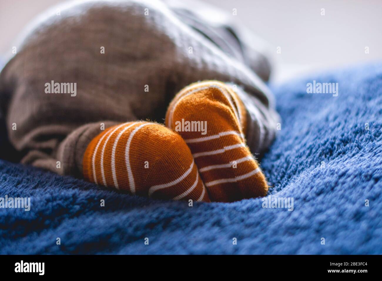 Newborn baby feet with yellow striped socks from behind on a blue soft blanket Stock Photo