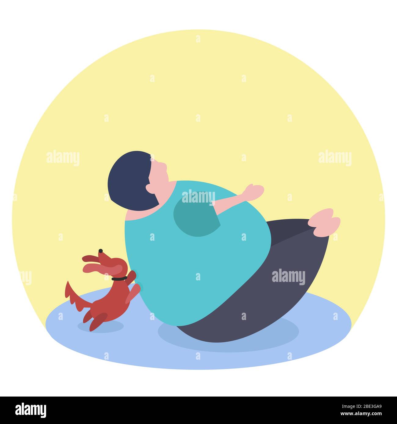 Fat funny caucasian woman doing Paripurna Navasana or Full Boat Pose. Her dog is helping her woth exercise. Illustration in vector format Stock Vector