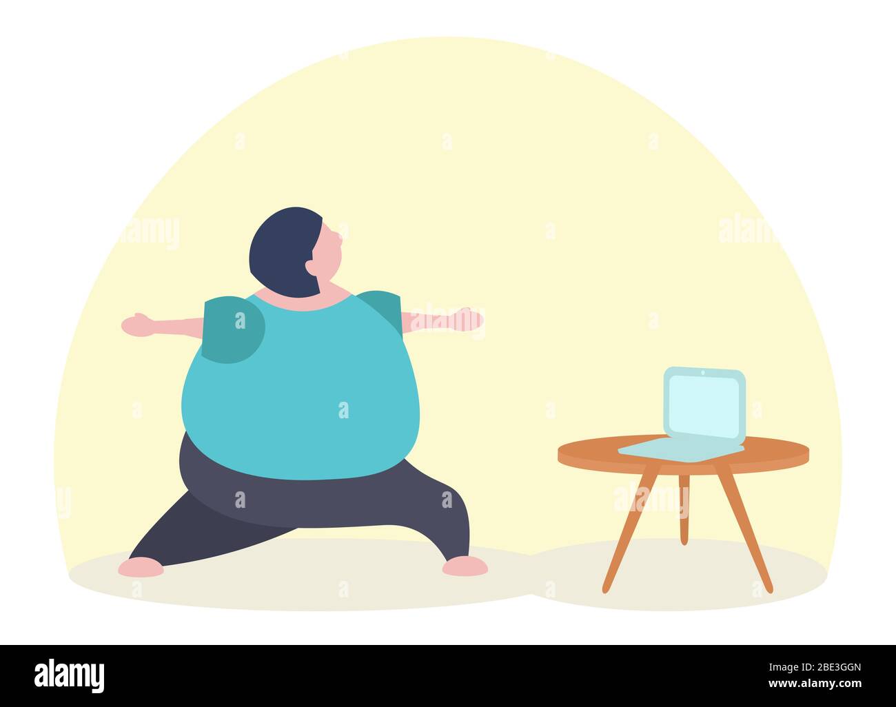 Fat funny caucasian woman practicing yoga doint Trikonasana watching online lesson on laptop Stock Vector