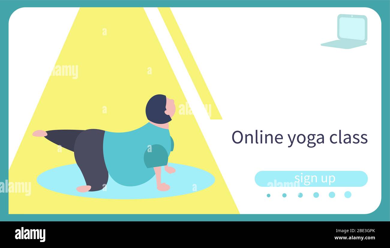 Card for online yoga lesson. Body positive caucasian woman practicing yoga doing Trikonasana Stock Vector