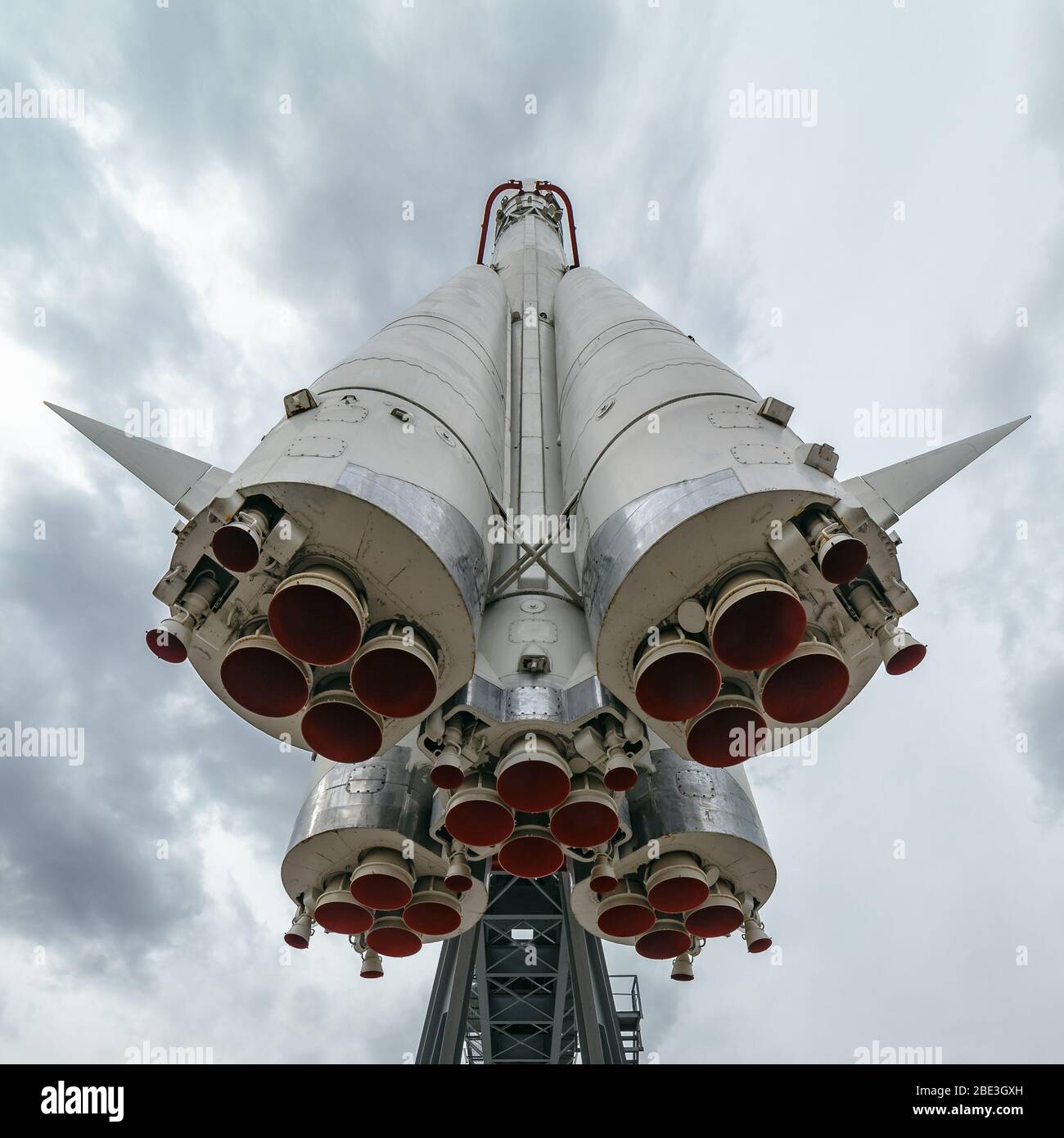 Moscow. VDNH. Spaceship Vostok at exhibition. The view from jet nozzles side - Russia, Moscow, April, 23, 2015 Stock Photo