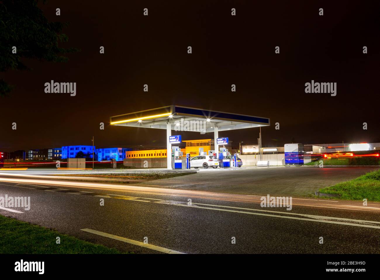 Evening at a selfservice gas station at the A44 highway in Sassenheim the Netherlands. Stock Photo
