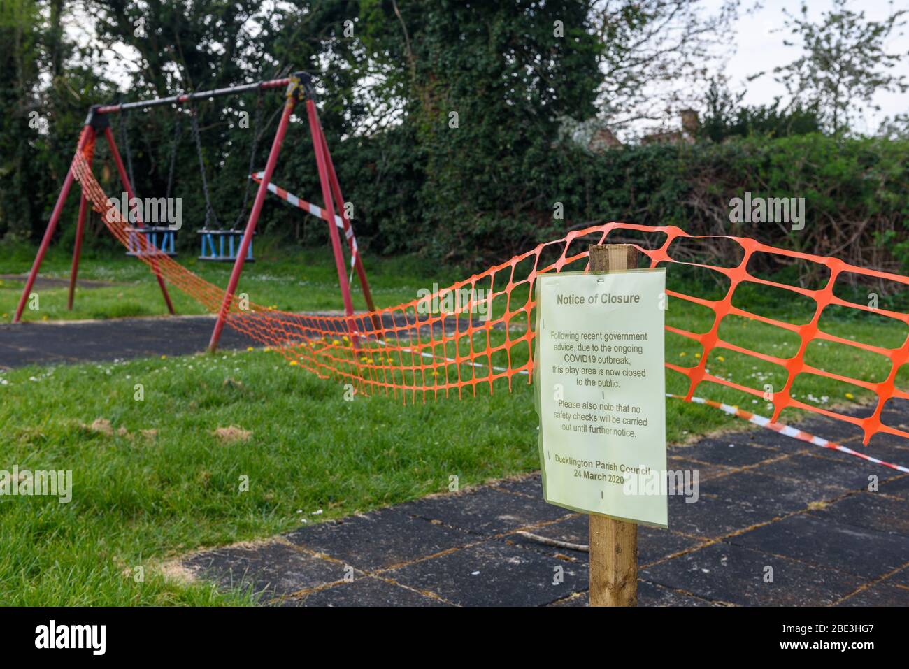 The playground in the village of Ducklington Oxfordshire is closed during the Coronavirus pandemic. Stock Photo