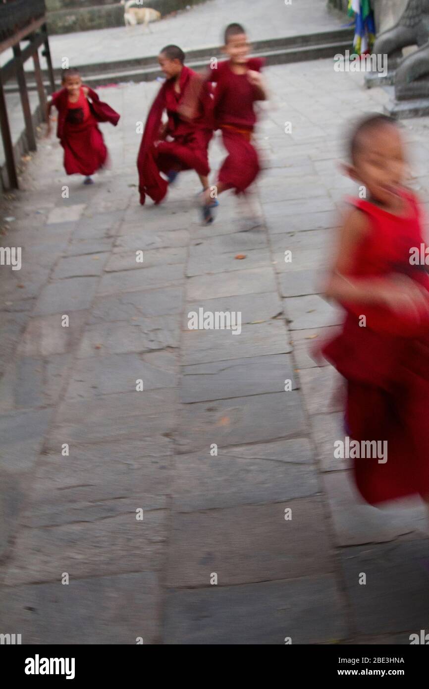 Nepal, Kathmandu, Swayambhunath, Buddhism, People, UNESCO, Monk, Kids, Play, Game, Monastery Stock Photo