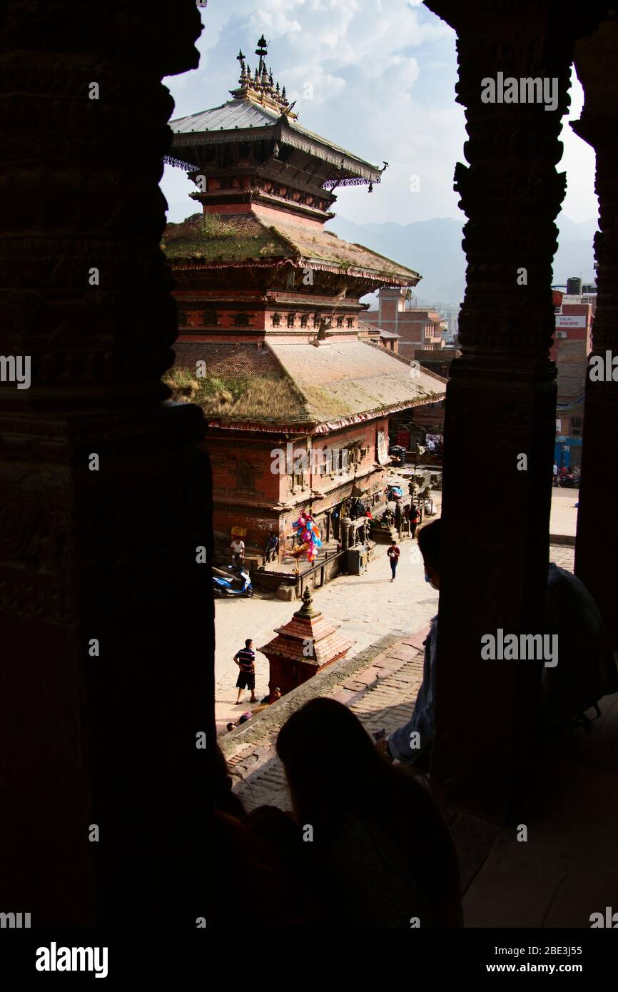 Nepal, Kathmandu, Bhaktapur, Nyatapola, Temple, Hinduism, Street, People, Tourist, Panorama, Village Stock Photo