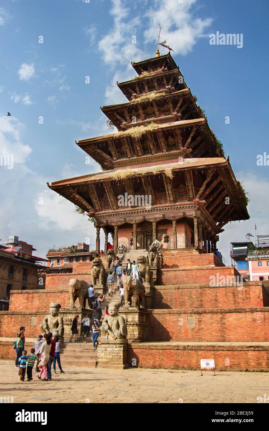 Nepal, Kathmandu, Bhaktapur, Nyatapola, Temple, Hinduism, Street, People, Tourist, Village Stock Photo