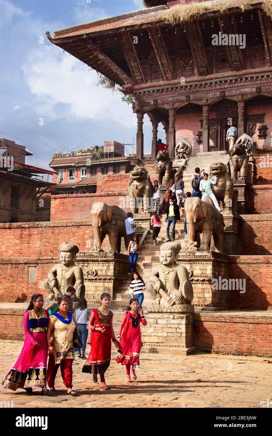 Nepal, Kathmandu, Bhaktapur, Nyatapola, Temple, Hinduism, Street, People, Tourist, Village, Girl, Woman, Family Stock Photo