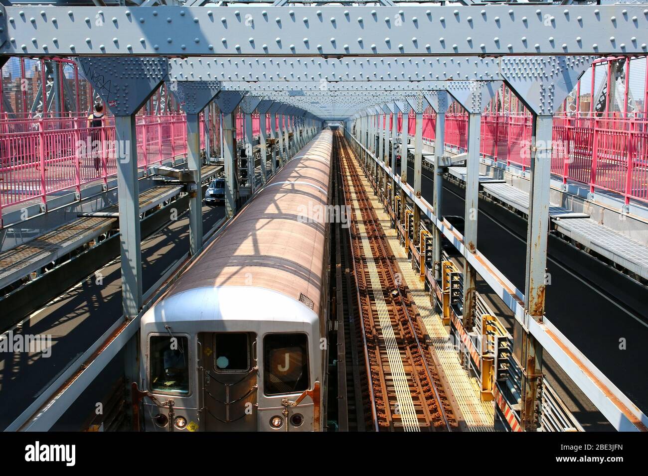 Brooklynbound R42 J train rides across Williamsburg Bridge, Manhattan