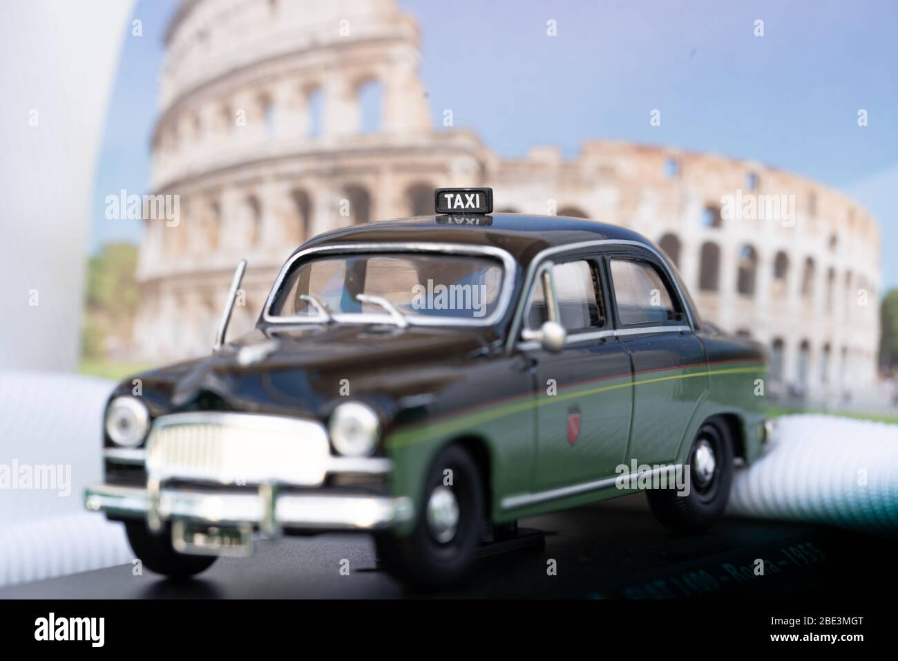 Old rome taxi of 1955 fiat old model of green color Stock Photo