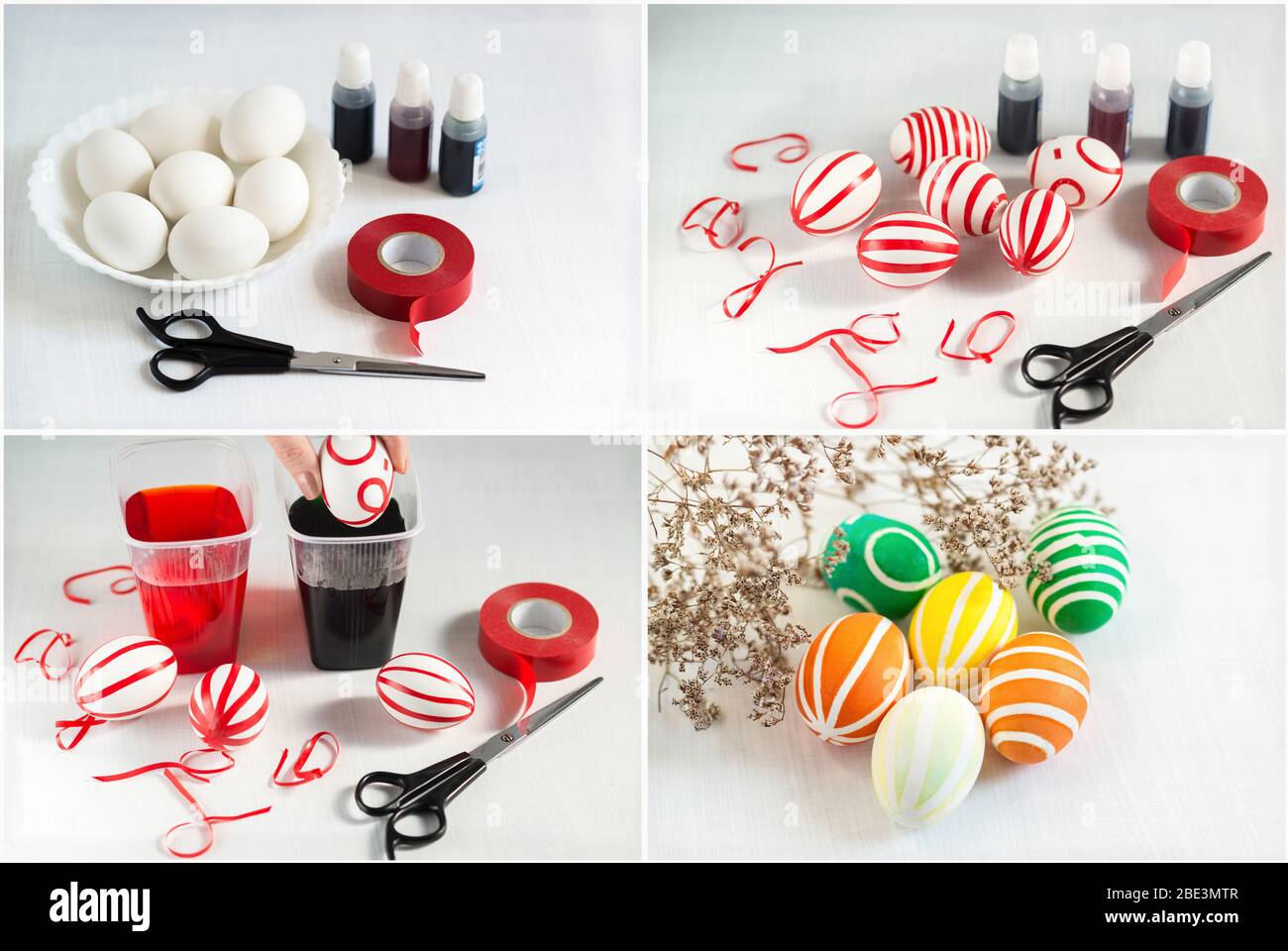 Independent coloring of Easter eggs. Instructions in pictures for coloring with scissors, adhesive tape, and food dye . Holiday worries Stock Photo