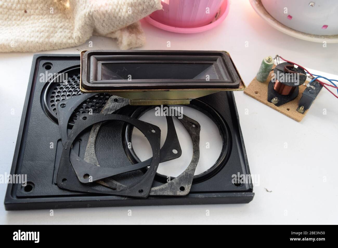 Passive emitter, front panel and speaker spacers from the speaker system. Stock Photo