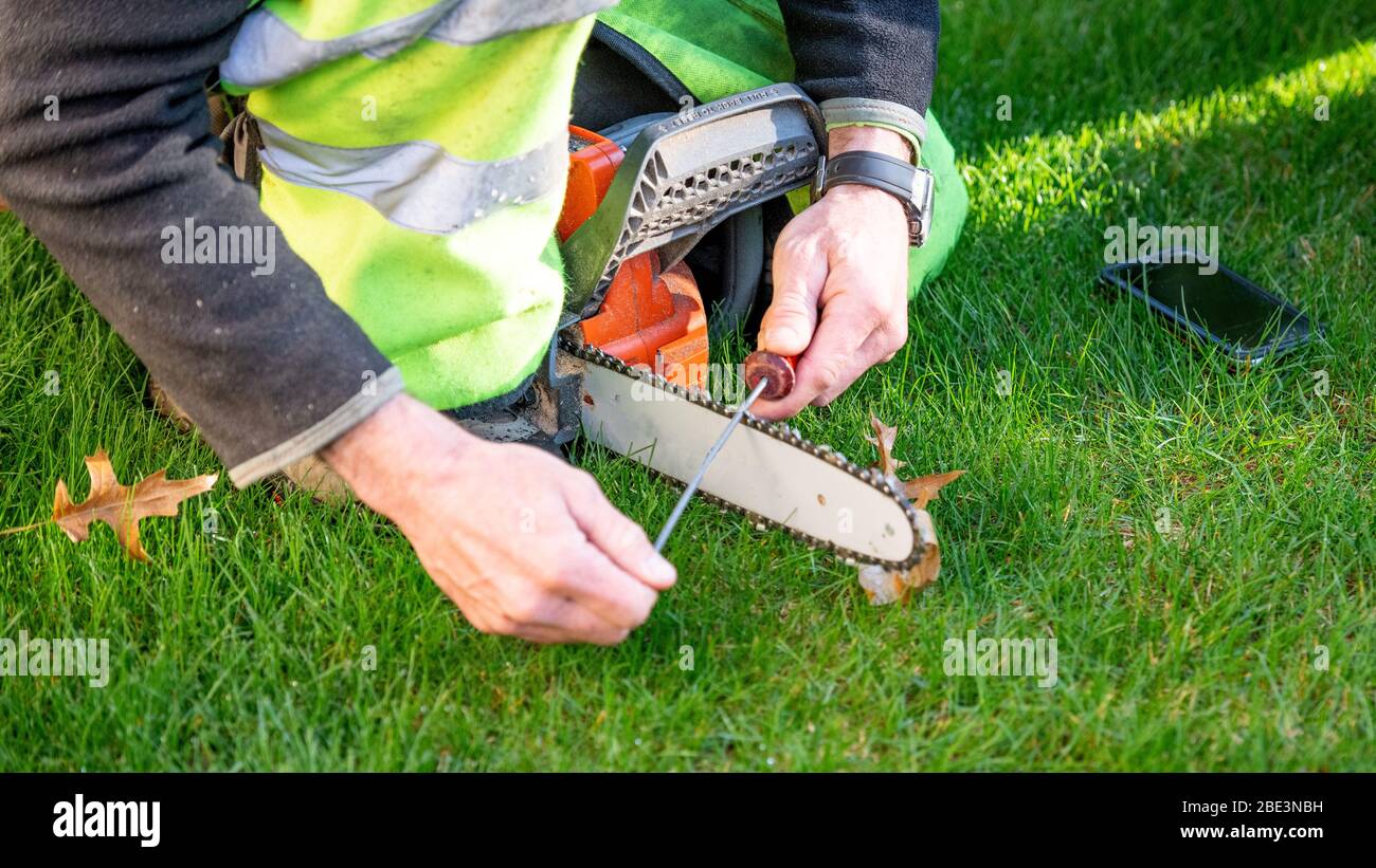 File is used to touch up the chain on a saw before work begins. Stock Photo