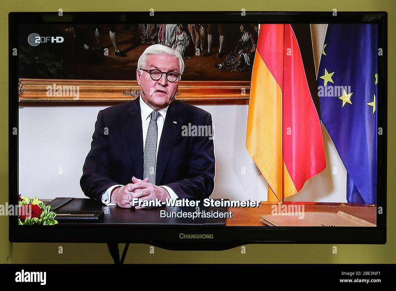 Berlin. 11th Apr, 2020. Photo taken on April 11, 2020 shows German President Frank-Walter Steinmeier delivering a televised speech on COVID-19, in Berlin, capital of Germany. The coronavirus pandemic has placed Germany at a crossroads that will determine whether it recedes into fearfulness or becomes a more 'considerate and hopeful' society, German President Frank-Walter Steinmeier said. According to the Robert Koch Institute, almost 120,000 people in Germany have tested positive for the coronavirus, and more than 2,500 have died as of Friday midnight. Credit: Shan Yuqi/Xinhua/Alamy Live News Stock Photo