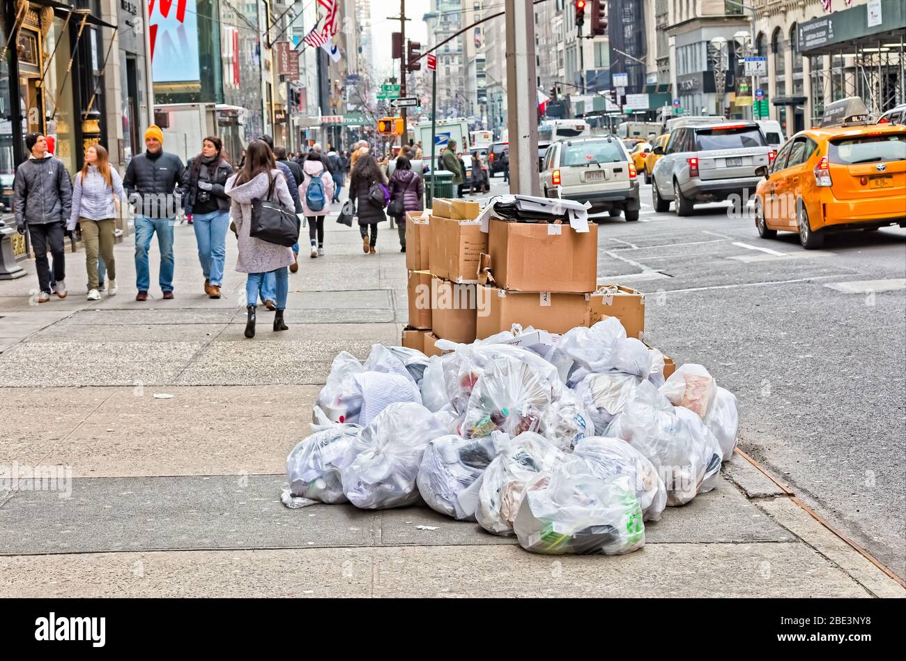 Garbage sorted and ready for pickup, on the streets of Manhattan, New