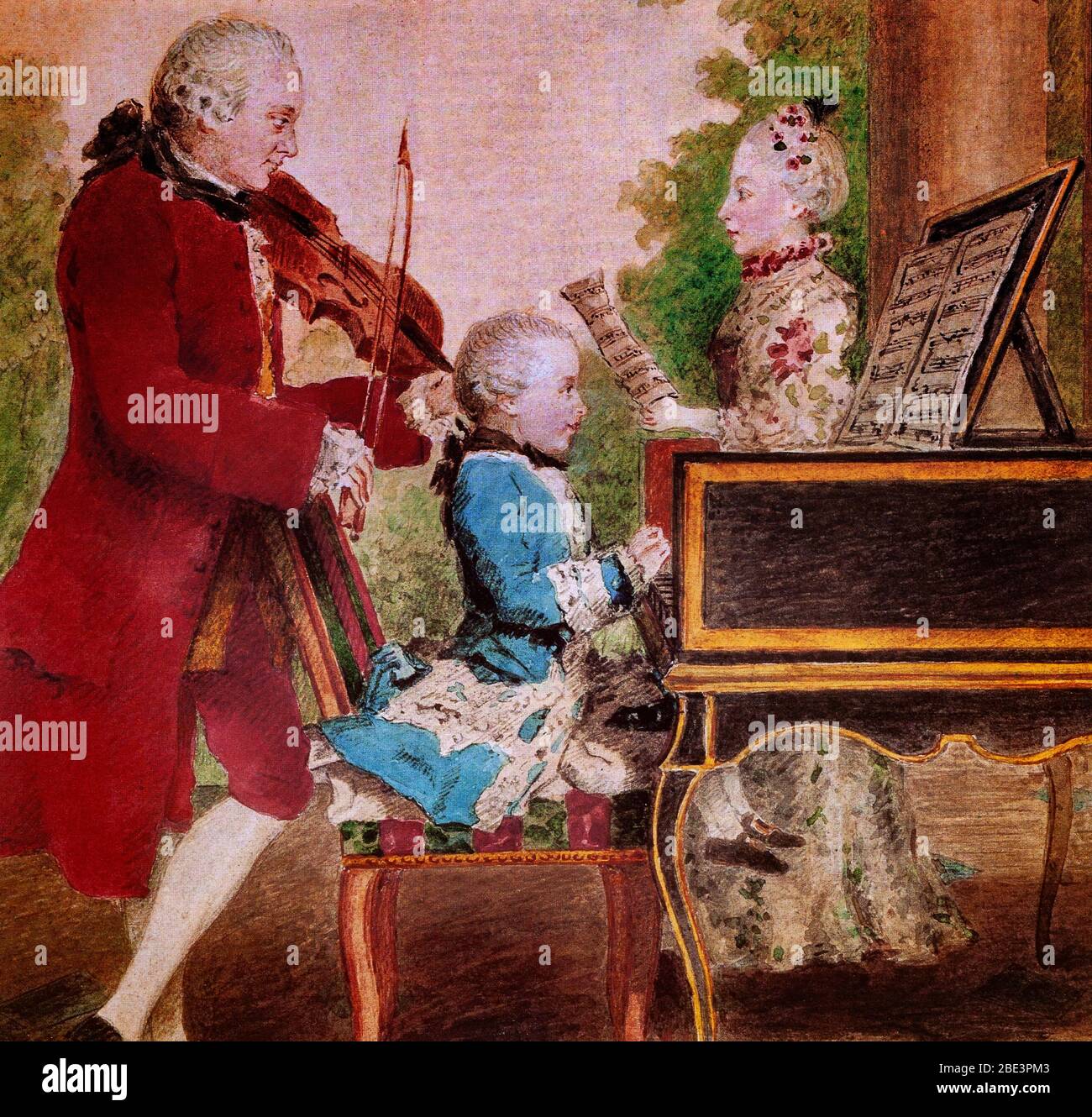 A Mozart family portrait with Amedeus on the piano, Father Leopold on Violin  and mother, Maria Anna singing. Painting by Louis Carrogis Carmontelle (1717-1806). Stock Photo