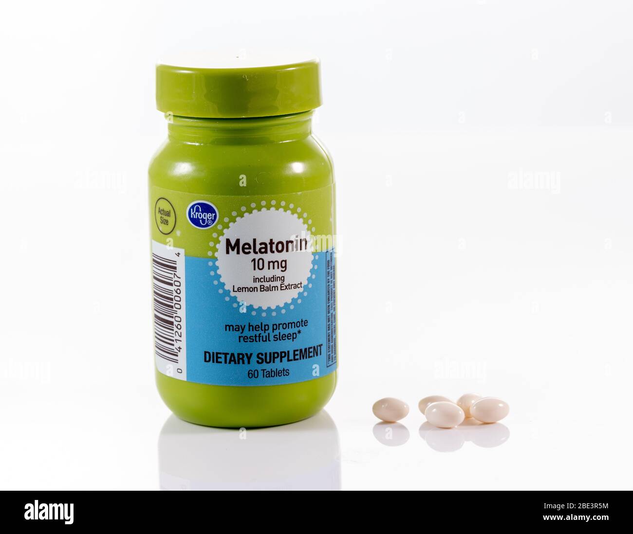 Morgantown, WV - 11 April 2020: Kroger store brand Melatonin capsules and tablet bottle white background Stock Photo