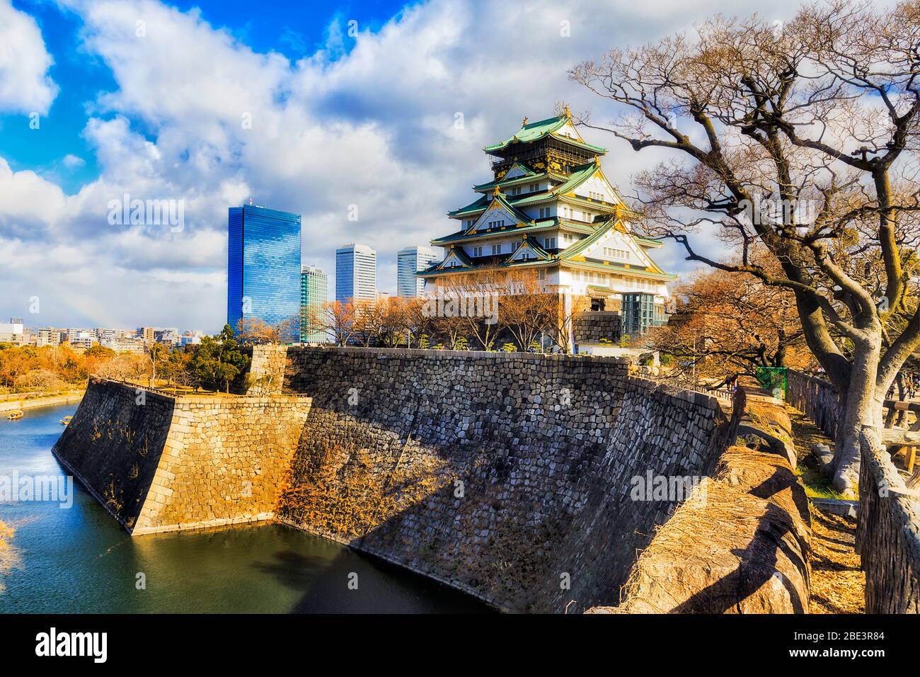 Modern and historic towers of architecture from different ages in Osaka city , Japan. Stock Photo