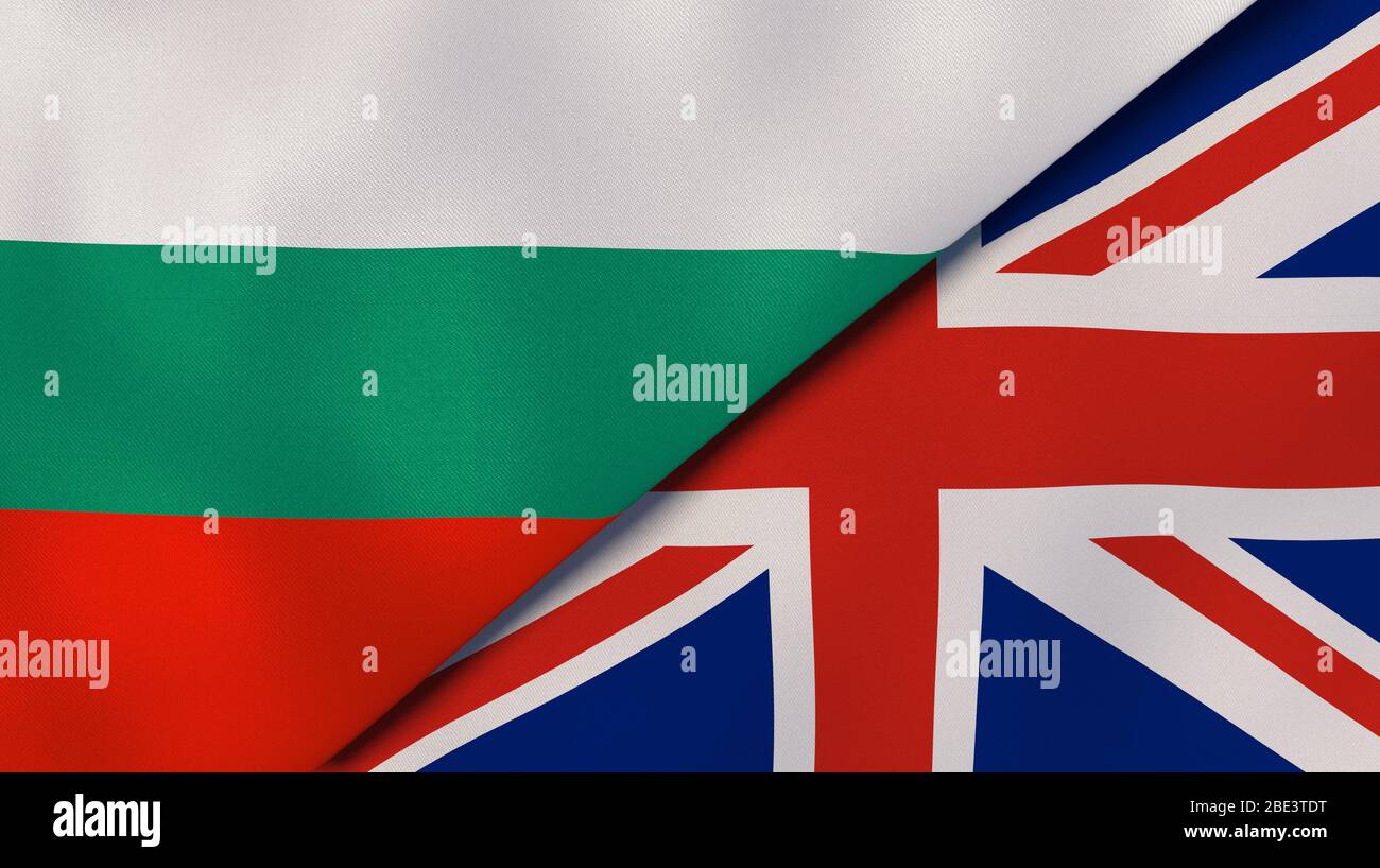 Two states flags of Bulgaria and United Kingdom. High quality business background. 3d illustration Stock Photo