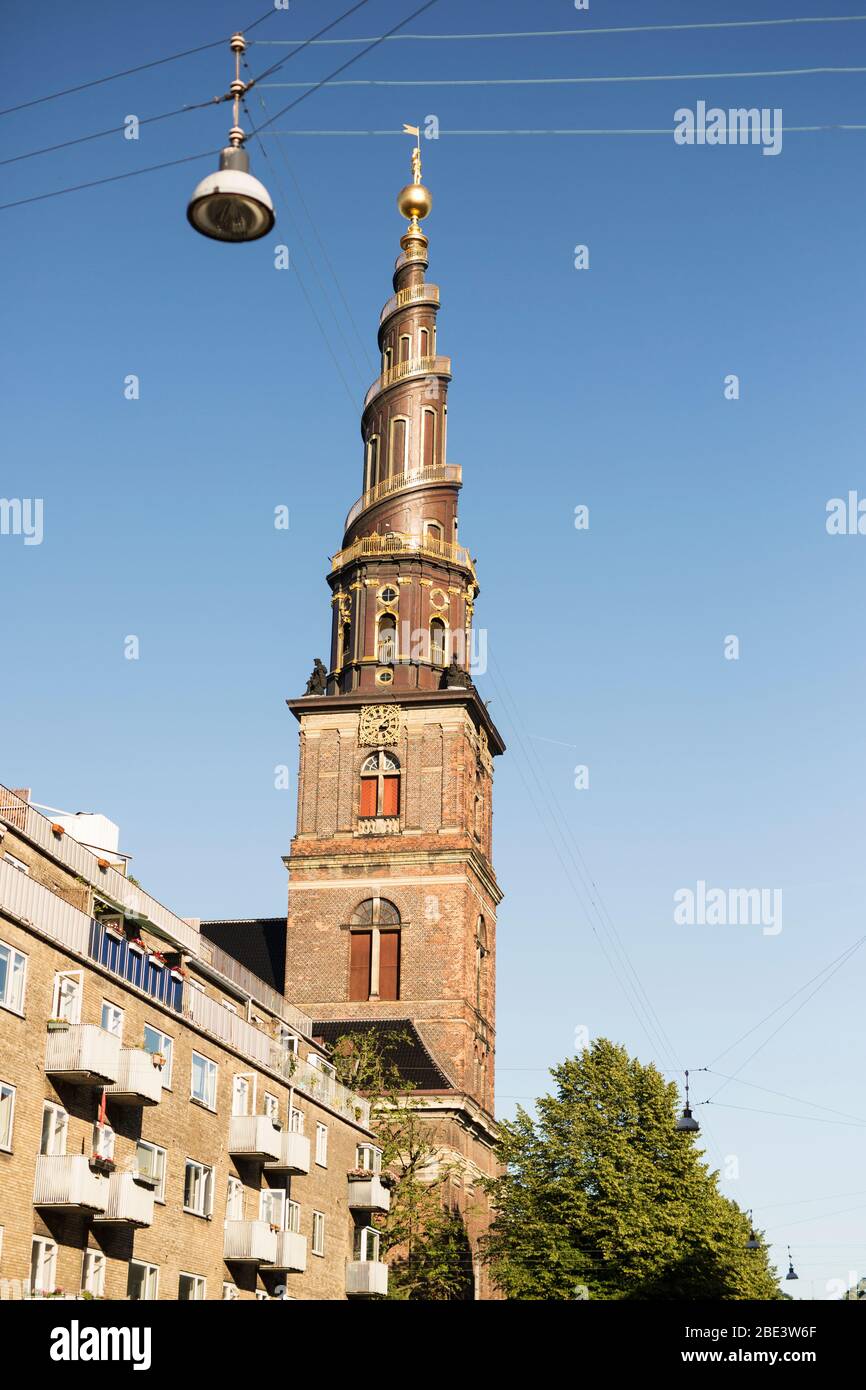 The famous spire of the Church of Our Savior (Vor Frelsers Kirke) on Sankt Annæ Gade in
