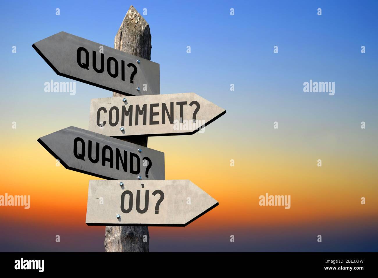 quoi-comment-quand-ou-french-signpost-stock-photo-alamy