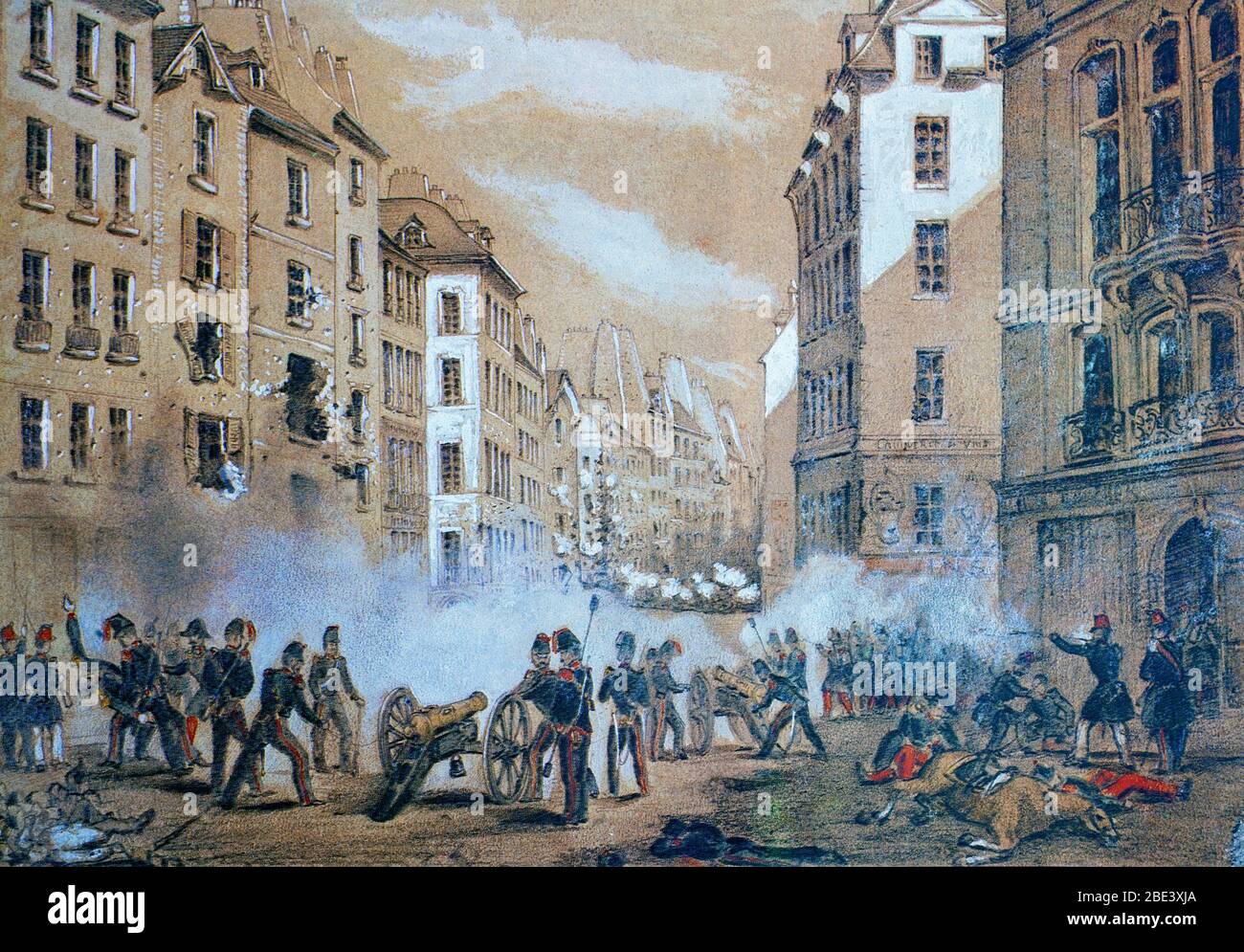 The army attacks a barricade in Rue St Antoine on 23 June 1848, when the people of Paris rose in insurrection, which became known as June Days uprising – a bloody but unsuccessful rebellion by the Paris workers against a conservative turn in the Republic's course. Stock Photo