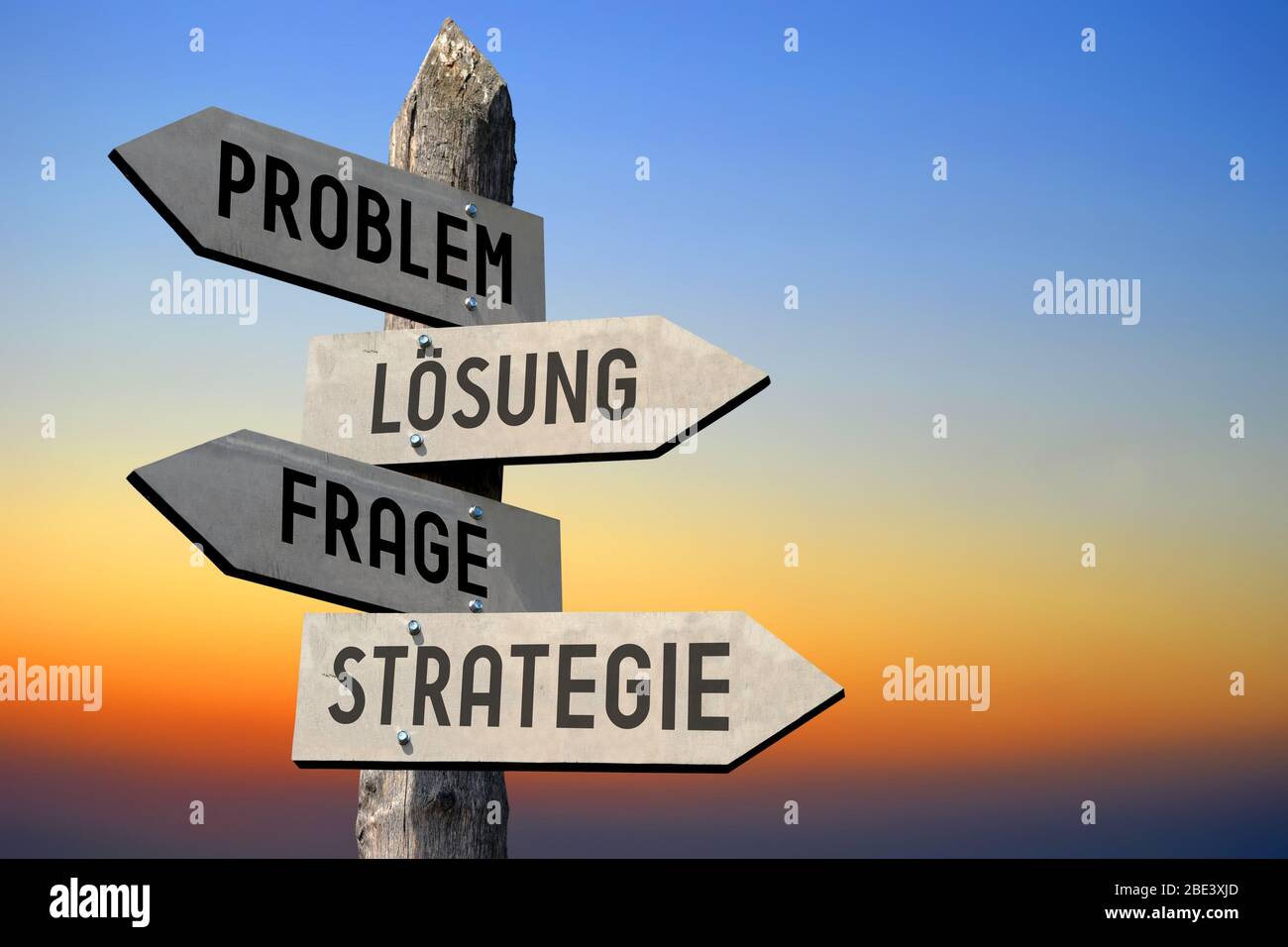 Problem, Losung, Frage, Strategie - signpost Stock Photo