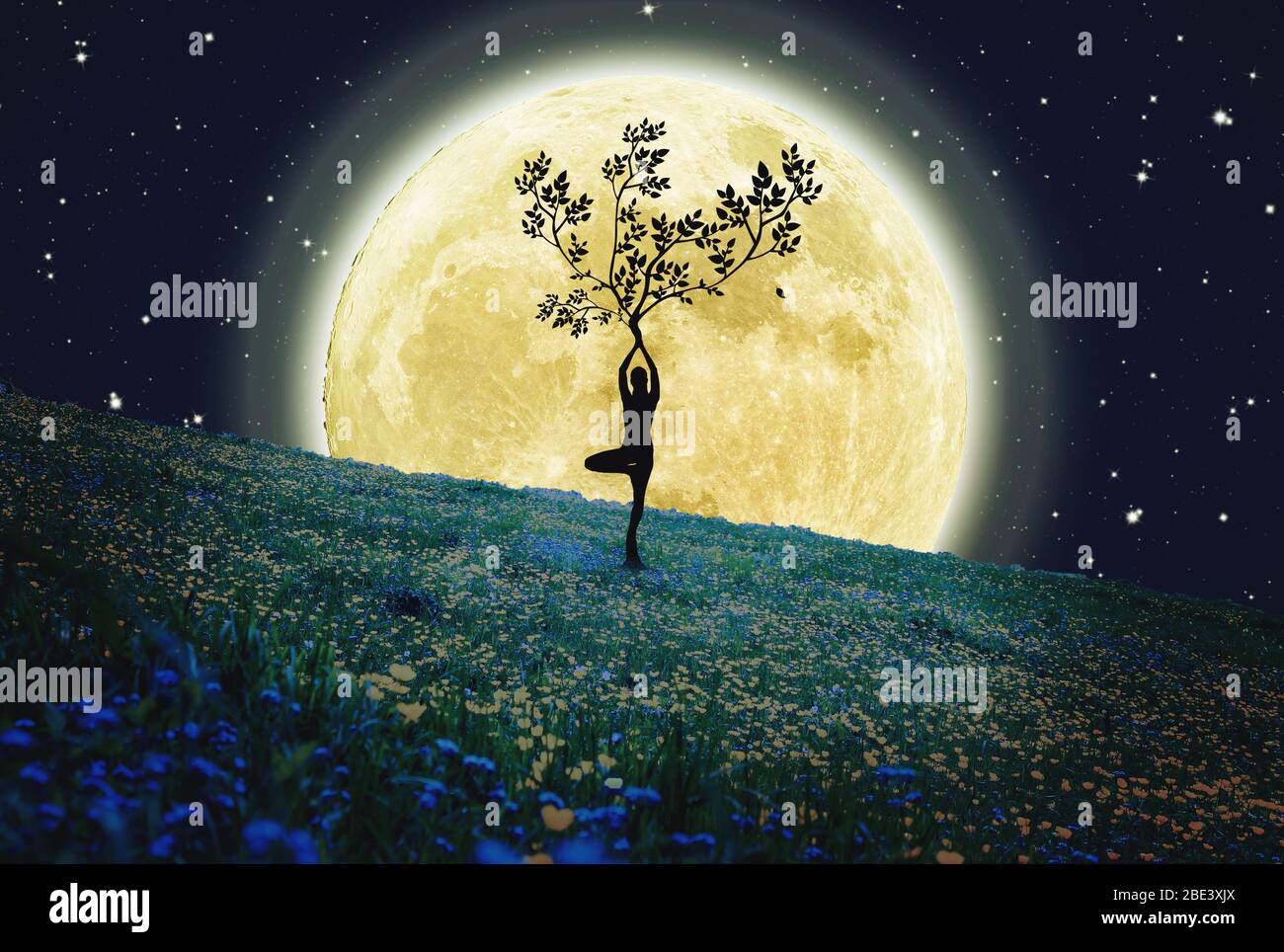 Silhouette of a girl and tree, big moon in the background Stock Photo ...