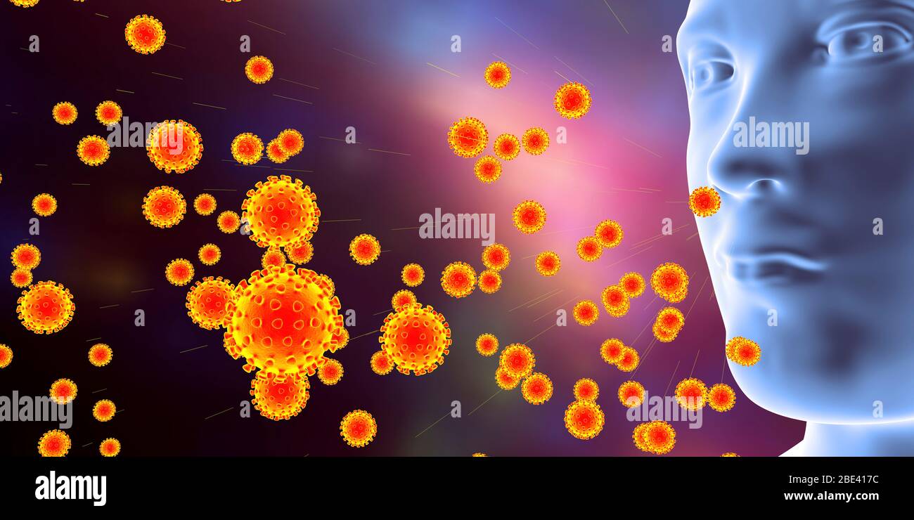 Spread of Covid-19 coronaviruses from infected person, conceptual computer illustration. SARS-CoV-2 causes the respiratory infection Covid-19, which can lead to fatal pneumonia. Stock Photo