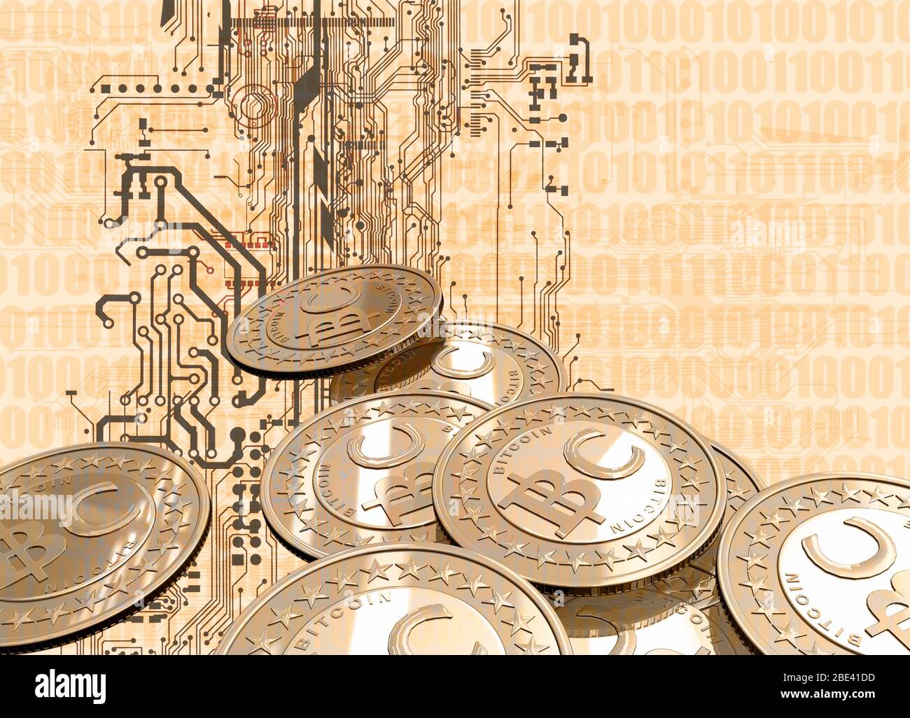 Bitcoins and circuit board, illustration. Stock Photo